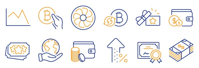 Set of Finance icons, such as Line chart, Loyalty points. Certificate, save planet. Refresh bitcoin, Buying accessory, Usd currency. Loyalty gift, Increasing percent, Fan engine. Vector
