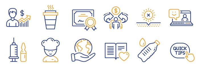 Set of Business icons, such as Takeaway, Smile. Certificate, save planet. Medical vaccination, Water bottle, Cooking chef. No sun, Sharing economy, Quick tips. Vector
