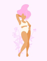 Obraz na płótnie Canvas Cheerful young Latino American girl with pink hair. Positive lady with round shapes isolated with flowers. Confident woman with plus size figure stands in white underwear. Vector stock illustration.