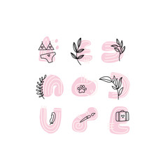 A set of logos for online lingerie shop, flower shop, traveler. Contemporary modern trendy vector logo. Highlight covers backgrounds. Set of beauty icons.