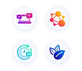 24h delivery, Internet chat and Integrity icons simple set. Button with halftone dots. Organic product sign. Stopwatch, Online communication, Social network. Leaves. Technology set. Vector