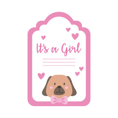 baby shower frame card with little dog and its a girl lettering hand draw style