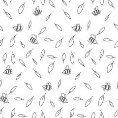 Kids seamless pattern with cute hand drawn bees and leaves. Vector background for your fabric, textile design, wrapping paper or wallpaper