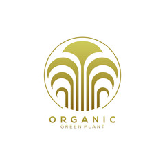 Organic gold logo template. Leaves icon with circle line