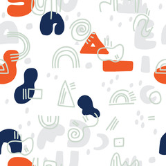 Abstract background. Hand drawn various shapes and doodle objects. Contemporary modern trendy vector illustration. Seamless pattern.
