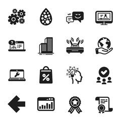 Set of Business icons, such as Left arrow, Marketing statistics. Certificate, approved group, save planet. Online help, Idea, Wifi. Laptop repair, Cogwheel, Artificial colors. Vector