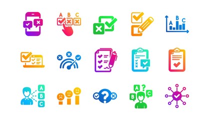 Opinion, Customer satisfaction and Feedback results. Survey or Report icons. Testing classic icon set. Gradient patterns. Quality signs set. Vector