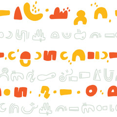 Abstract background. Hand drawn various shapes and doodle objects. Contemporary modern trendy vector illustration. Seamless pattern.