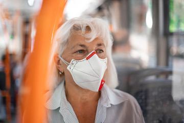 Coronavirus, covid 2019 virus protection. Woman with respiratory mask traveling in the public...