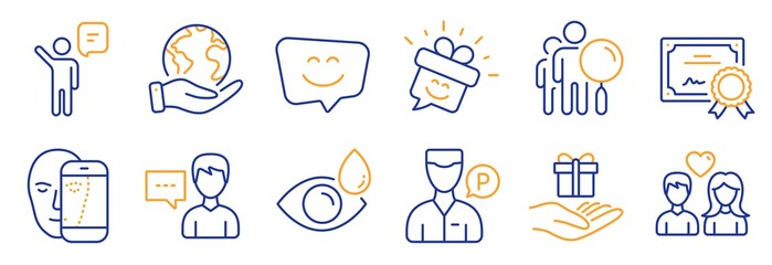 Set of People icons, such as Smile face, Smile. Certificate, save planet. Face biometrics, Eye drops, Person talk. Loyalty program, Search people, Valet servant. Agent, Couple love line icons. Vector