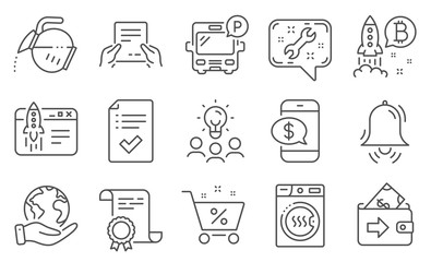 Set of Business icons, such as Loan percent, Clock bell. Diploma, ideas, save planet. Start business, Spanner, Phone payment. Wallet, Approved checklist, Dryer machine. Vector