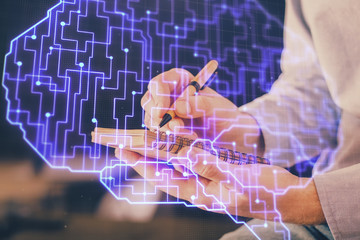 Brain multi exposure icon with man hands background.