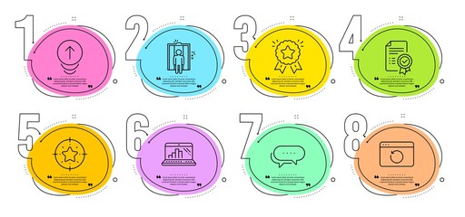 Elevator, Star target and Certificate signs. Timeline steps infographic. Swipe up, Ranking star and Graph laptop line icons set. Recovery internet, Dots message symbols. Vector