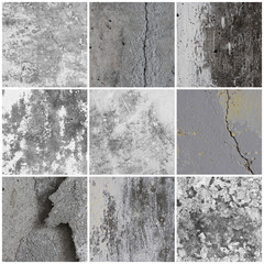 Texture set of old cracked concrete walls. Rough gray concrete surfaces. Backgrounds collection for design.