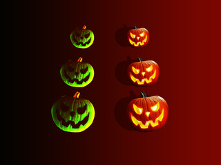 green and orange halloween pumpkins faces  on dark red background,  smiling crazy ghost face ; night  halloween celebration concept  