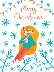 Christmas card with watercolor bull symbol 2021 in doodle style.Flyer with cow in blue,orange colors on white isolated hand drawn background.Design for mailing lists,packaging,web,social networks.
