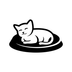 A happy little kitten logo with a lie on the floor with a base and formed from thick lines, beautiful, funny, adorable