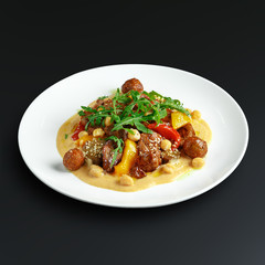 Dishes of traditional Russian cuisine. Restaurant serving. Black background.