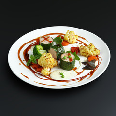 Dishes of traditional Russian cuisine. Restaurant serving. Black background.