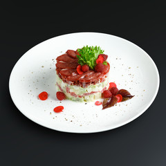 Dishes of traditional Russian cuisine. Restaurant serving. Black background.