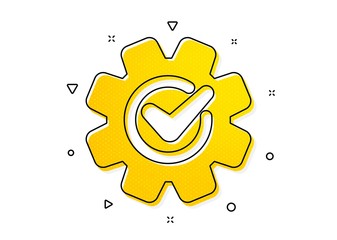 Engineering tool sign. Cogwheel with check icon. Cog gear symbol. Yellow circles pattern. Classic cogwheel icon. Geometric elements. Vector