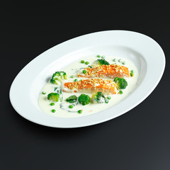 Dishes of traditional Russian cuisine. Restaurant serving. Black background.