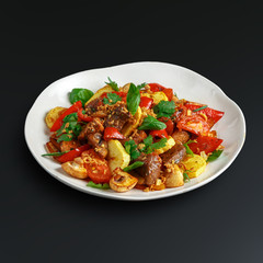 Dishes of traditional Russian cuisine. Restaurant serving. Black background.