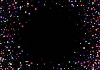 Colorful pattern with glowing circular dots. Rainbow twinkle circles on blank black background. Multi colored texture useful for holiday backdrop (Christmas night party)