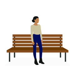 Female character stands near a bench on a white background