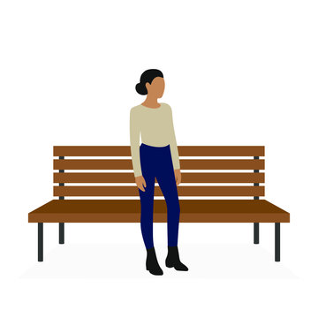 Female character stands near a bench on a white background