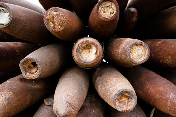 Sad war artifacts,pile of old unexploded bombs.