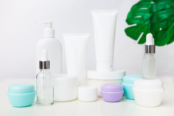 Different cosmetic bottles on white background with leaves. Set of cosmetic products. Cosmetic package collection for cream, soups, foams, droppers.
