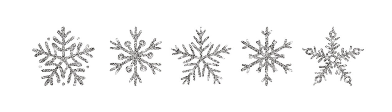 Silver glitter texture snowflake hand drawn icon set on white background. Shiny Christmas, New year and winter sparkling metal snow symbols for print, decoration, greeting card. Vector Illustration.