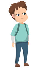 Schoolboy standing in blue shirt and pants with backpack on back. Kid with brown hair and dark eyes. Smiling guy isolated on white background. Back to school concept. Flat cartoon vector illustration