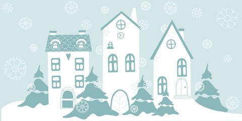 Vector christmas illustration with house, tree and snowflakes for cute postcard, logo, invitations, greeting cards, business card. Christmas winter old town street