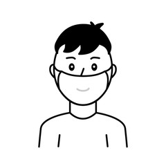 A person wears a face mask. Black and white icon. A smile faintly shines through the cloth face mask. Symbolizing the correct wearing of mouth and nose cover.