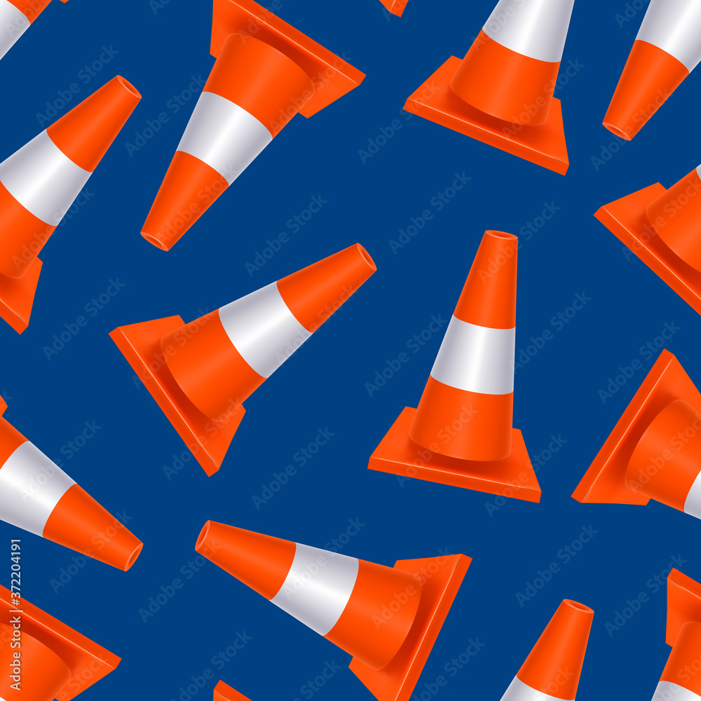 Sticker Realistic 3d Detailed Plastic Traffic Cones Seamless Pattern Background. Vector