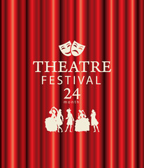 Banner or poster for a Theatre festival with silhouettes of actors in Baroque costumes on the background of red theater curtains. Vector illustration in retro style on the theme of theatrical art