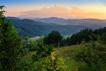 beautiful landscape with valleys and rivers in Pieniny mountains in sunset