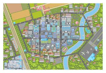 City top view. Cityscapes view from above. Streets, houses, buildings, roads, parks, farm, field, factory, airport, suburb.