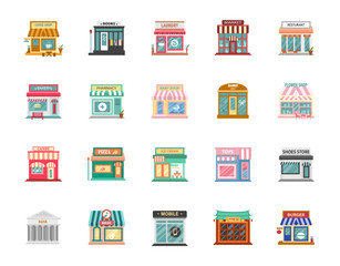 Collection of shop buildings isolated on white background,Retail business urban shop, store. Market and bakery, cafe and boutique store, vector illustration. - 372204719