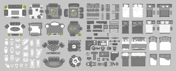Icons set of interior. Furniture top view. Elements for the floor plan. (view from above). Furniture and elements for living room, bedroom,  bathroom, office.