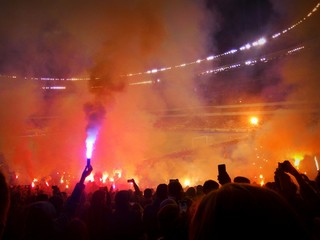 Fototapeta na wymiar crowd of people dancing at football match