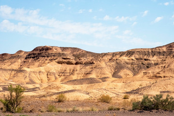 Fototapeta premium Charyn national park in Kazakhstan. Clouds background. Beautiful sand stone formations. Soil errosion. Travel in Kazakhstan concept.
