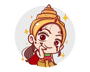 Traditional Thai dress ghost looking and smile isolated on white background with scary halloween concept.