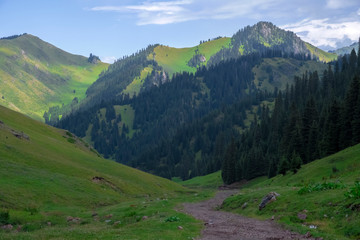 Fototapeta premium Beautiful view of green mountains with dangerous gravel road. Ketmen or Ketpen mountains gorge and mountain pass. Tourism in Kazakhstan.
