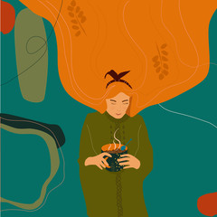 Girl with orange hair holds a cup of coffee in hands.Hot drink in mug with vapor.Crimson leaves, golden dahlias.Woman in a warm knitted sweater.Goodbye summer. Cute Autumn trendy vector illustration.