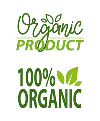 Organic food 100 percent bio meal vector, healthy ingredients ecological production foliage and greenery, leaves on logotypes with inscriptions set