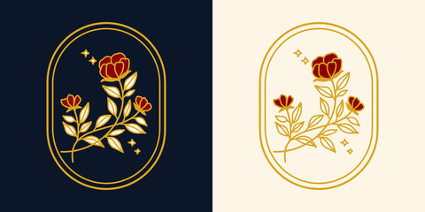 Fototapeta premium Vector feminine logo design templates in trendy linear minimal style. Peony, rose flowers and botanical leaf branch. Emblem, symbols and icons for cosmetics, jewellery, beauty and handmade products