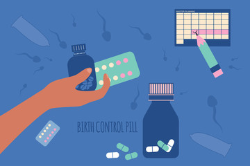 Birth control pill and condoms concept.World contraception day. Prevention HIV and AIDS.Spermatozoa swim around.Human hand holding medicine jars, tablets in Blister Packs. Planning the menstrual cycle
